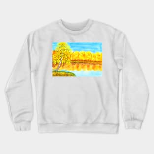 Autumn landscape with yellow birch near lake and yellow forest. Crewneck Sweatshirt